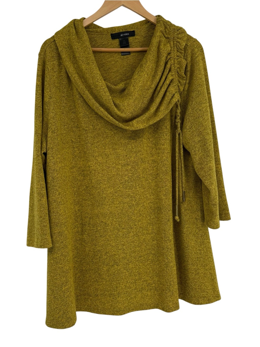 Ali Miles Tunic Top Size XL Cowl Neck Long Sleeves Lagenlook Mustard Fleece